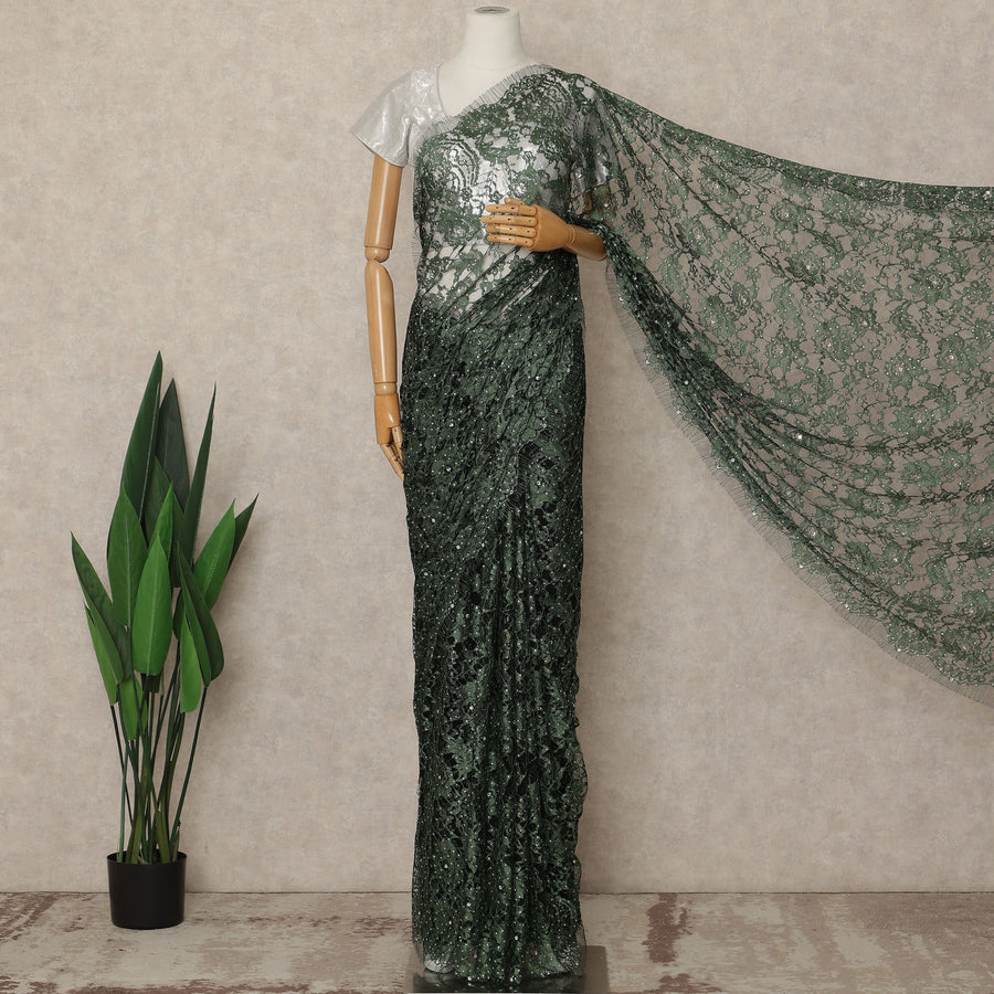 Emerald Green Premium French 2 Tone Chantilly Saree Lace With Stone Work Fabric 5.5 Meters Length 110 Cms Width Imported From France Elegant Designer Lace Blouse Not Included-D27370 Regal Fabrics