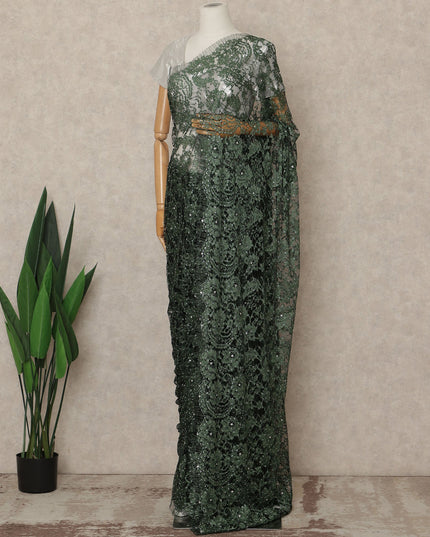 Emerald Green Premium French 2 Tone Chantilly Saree Lace With Stone Work Fabric 5.5 Meters Length 110 Cms Width Imported From France Elegant Designer Lace Blouse Not Included-D27370 Regal Fabrics