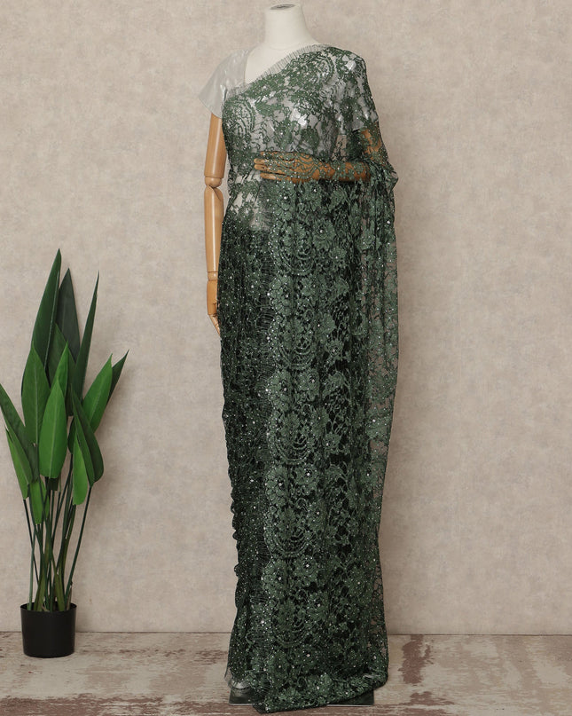 Emerald Green Premium French 2 Tone Chantilly Saree Lace With Stone Work Fabric 5.5 Meters Length 110 Cms Width Imported From France Elegant Designer Lace Blouse Not Included-D27370 Regal Fabrics