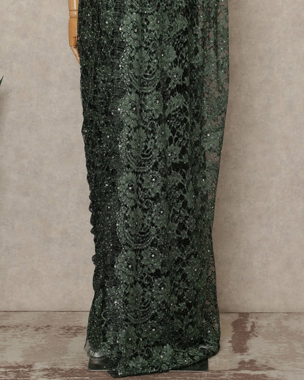 Emerald Green Premium French 2 Tone Chantilly Saree Lace With Stone Work Fabric 5.5 Meters Length 110 Cms Width Imported From France Elegant Designer Lace Blouse Not Included-D27370 Regal Fabrics