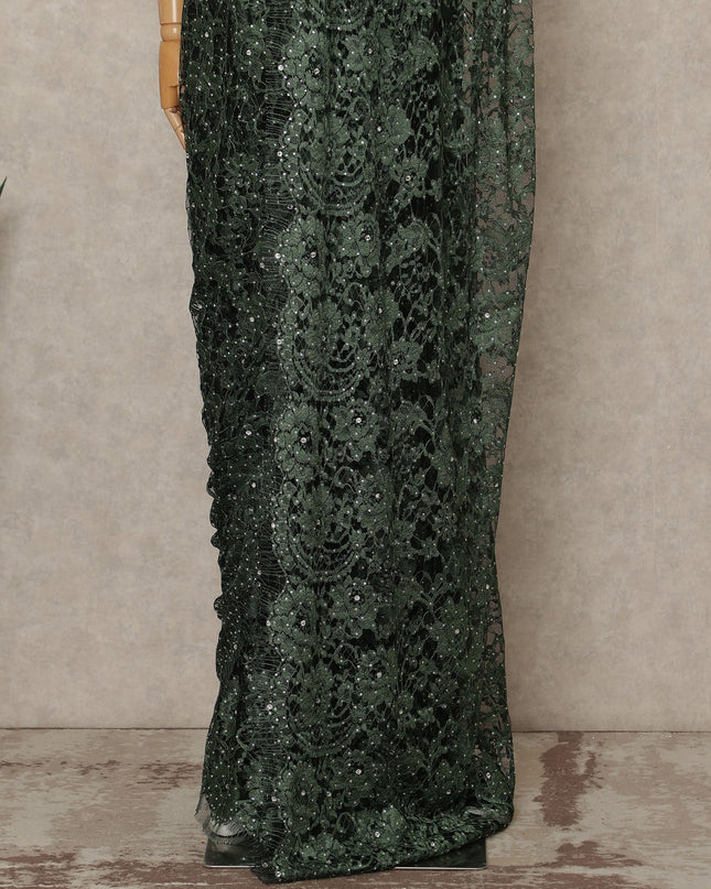 Emerald Green Premium French 2 Tone Chantilly Saree Lace With Stone Work Fabric 5.5 Meters Length 110 Cms Width Imported From France Elegant Designer Lace Blouse Not Included-D27370 Regal Fabrics