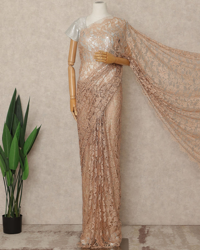 Peach Nude Premium French 2 Tone Chantilly Saree Lace With Stone Work Fabric 5.5 Meters Length 110 Cms Width Imported From France Elegant Designer Lace Blouse Not Included-D27369