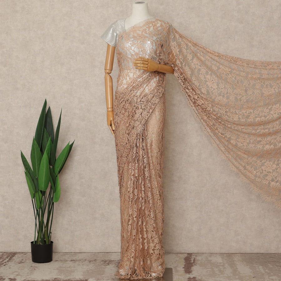 Peach Nude Premium French 2 Tone Chantilly Saree Lace With Stone Work Fabric 5.5 Meters Length 110 Cms Width Imported From France Elegant Designer Lace Blouse Not Included-D27369