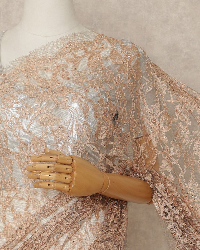 Peach Nude Premium French 2 Tone Chantilly Saree Lace With Stone Work Fabric 5.5 Meters Length 110 Cms Width Imported From France Elegant Designer Lace Blouse Not Included-D27369