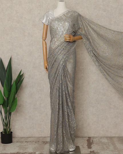 Steel Grey Gold Premium French Metallic Chantilly Lace Saree, 5.5 Mtrs Length, 110 Cms Width, Made in France-D27144