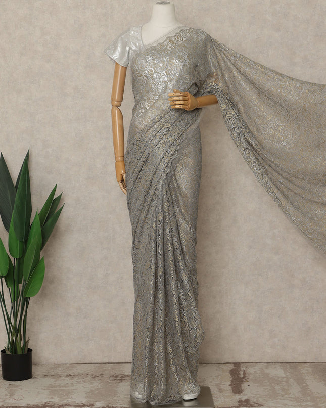 Steel Grey Gold Premium French Metallic Chantilly Lace Saree, 5.5 Mtrs Length, 110 Cms Width, Made in France-D27144