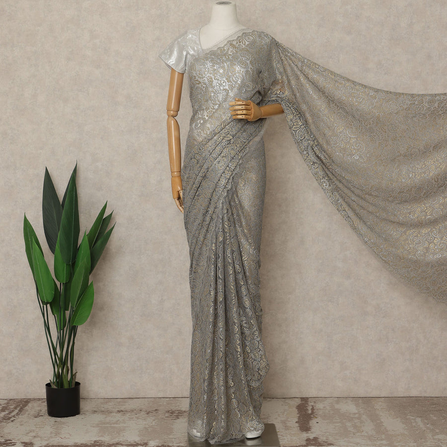Steel Grey Gold Premium French Metallic Chantilly Lace Saree, 5.5 Mtrs Length, 110 Cms Width, Made in France-D27144