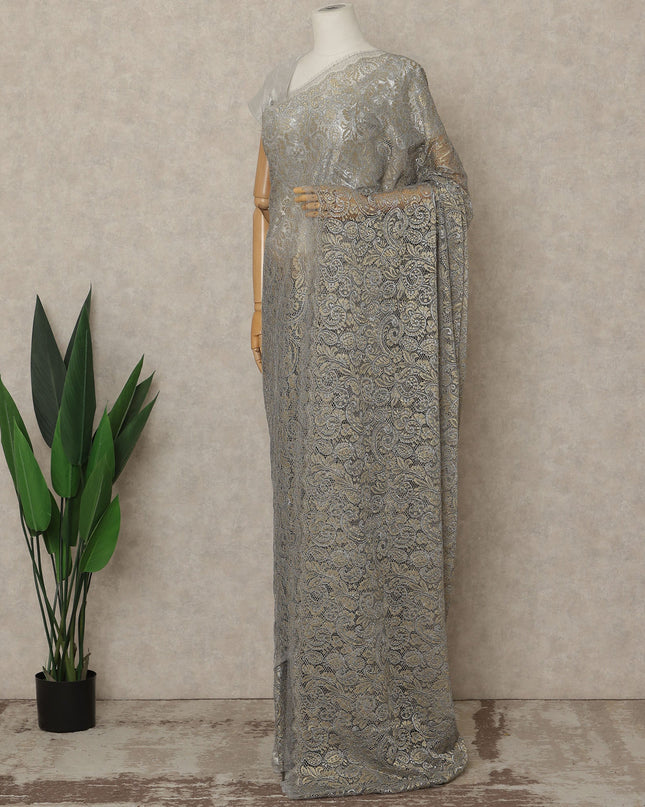 Steel Grey Gold Premium French Metallic Chantilly Lace Saree, 5.5 Mtrs Length, 110 Cms Width, Made in France-D27144