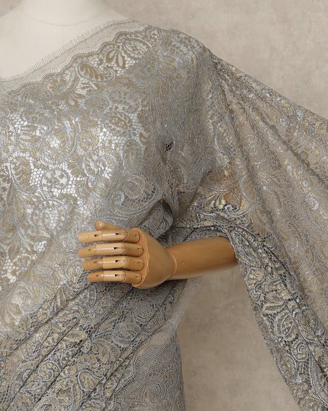 Steel Grey Gold Premium French Metallic Chantilly Lace Saree, 5.5 Mtrs Length, 110 Cms Width, Made in France-D27144