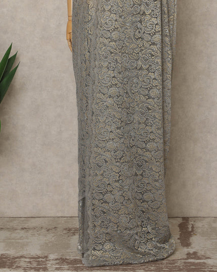 Steel Grey Gold Premium French Metallic Chantilly Lace Saree, 5.5 Mtrs Length, 110 Cms Width, Made in France-D27144