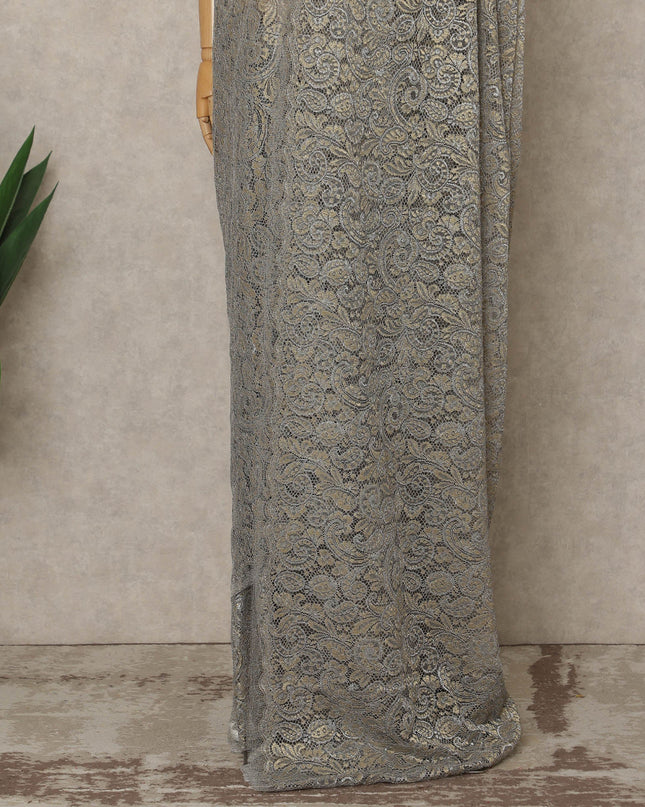 Steel Grey Gold Premium French Metallic Chantilly Lace Saree, 5.5 Mtrs Length, 110 Cms Width, Made in France-D27144