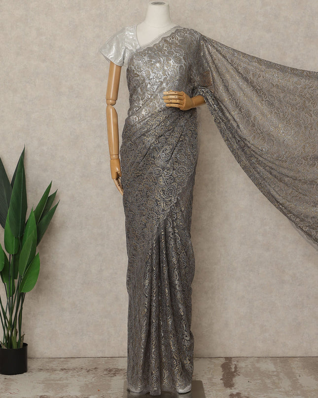 Gunmetal Grey, Purple Premium French Metallic Chantilly Lace Saree, 5.5 Mtrs Length, 110 Cms Width, Made in France-D27142