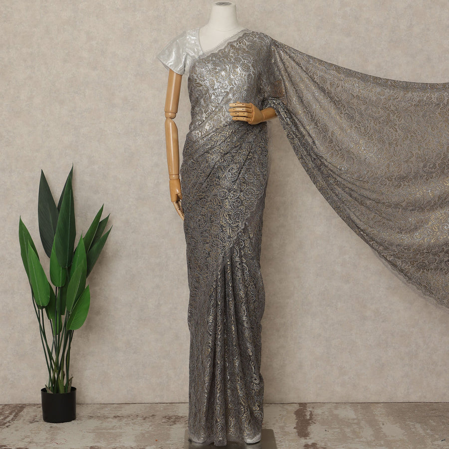 Gunmetal Grey, Purple Premium French Metallic Chantilly Lace Saree, 5.5 Mtrs Length, 110 Cms Width, Made in France-D27142