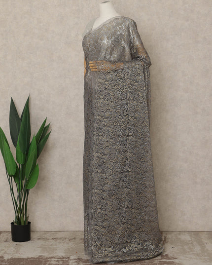 Gunmetal Grey, Purple Premium French Metallic Chantilly Lace Saree, 5.5 Mtrs Length, 110 Cms Width, Made in France-D27142