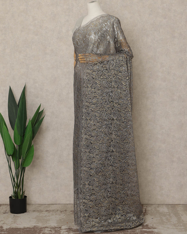 Gunmetal Grey, Purple Premium French Metallic Chantilly Lace Saree, 5.5 Mtrs Length, 110 Cms Width, Made in France-D27142