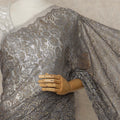 Gunmetal Grey, Purple Premium French Metallic Chantilly Lace Saree, 5.5 Mtrs Length, 110 Cms Width, Made in France-D27142