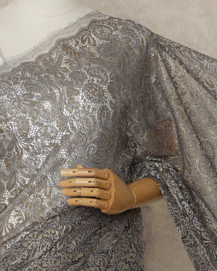 Gunmetal Grey, Purple Premium French Metallic Chantilly Lace Saree, 5.5 Mtrs Length, 110 Cms Width, Made in France-D27142