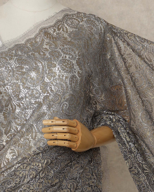 Gunmetal Grey, Purple Premium French Metallic Chantilly Lace Saree, 5.5 Mtrs Length, 110 Cms Width, Made in France-D27142