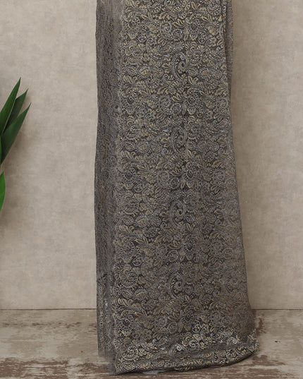 Gunmetal Grey, Purple Premium French Metallic Chantilly Lace Saree, 5.5 Mtrs Length, 110 Cms Width, Made in France-D27142