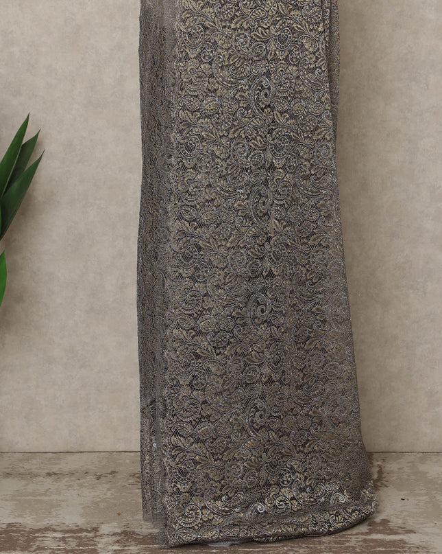 Gunmetal Grey, Purple Premium French Metallic Chantilly Lace Saree, 5.5 Mtrs Length, 110 Cms Width, Made in France-D27142
