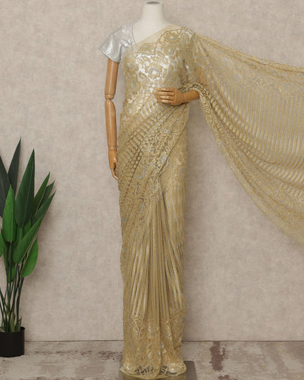 Champagne Gold Premium French Metallic Chantilly Lace Saree, 5.5 Mtrs Length, 110 Cms Width, Made in France-D27141