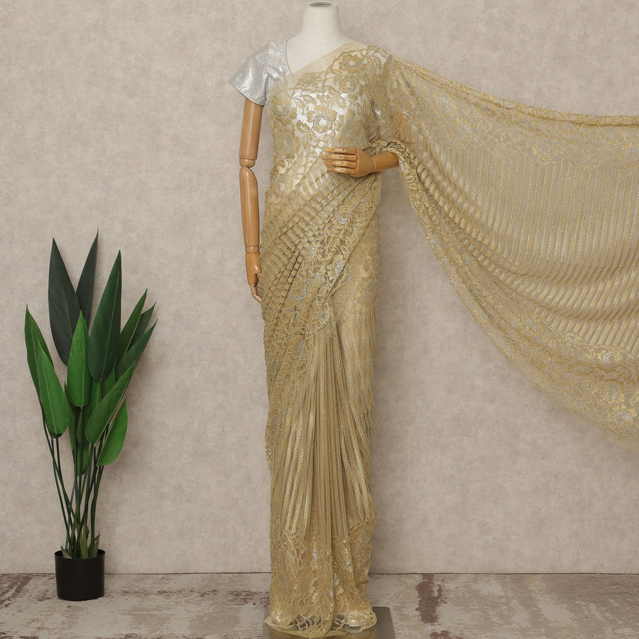 Champagne Gold Premium French Metallic Chantilly Lace Saree, 5.5 Mtrs Length, 110 Cms Width, Made in France-D27141