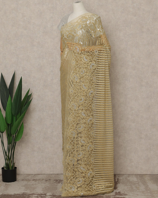 Champagne Gold Premium French Metallic Chantilly Lace Saree, 5.5 Mtrs Length, 110 Cms Width, Made in France-D27141