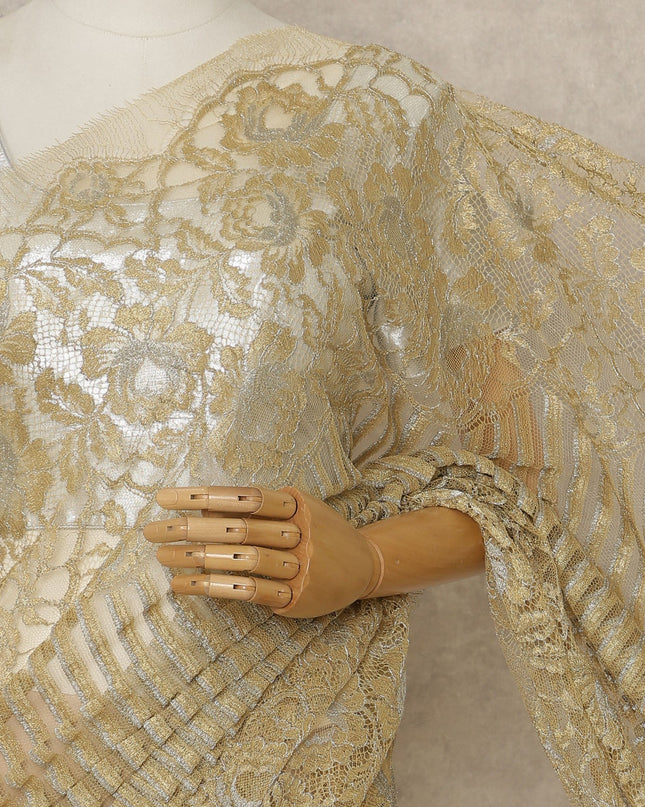 Champagne Gold Premium French Metallic Chantilly Lace Saree, 5.5 Mtrs Length, 110 Cms Width, Made in France-D27141