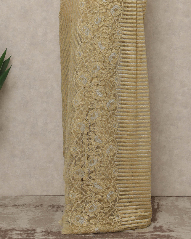 Champagne Gold Premium French Metallic Chantilly Lace Saree, 5.5 Mtrs Length, 110 Cms Width, Made in France-D27141