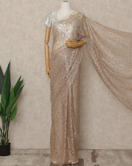 Blush Champagne Premium French Metallic Chantilly Lace Saree, 5.5 Mtrs Length, 110 Cms Width, Made in France-D27140