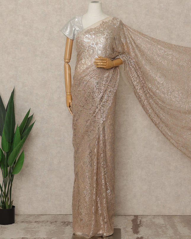 Blush Champagne Premium French Metallic Chantilly Lace Saree, 5.5 Mtrs Length, 110 Cms Width, Made in France-D27140
