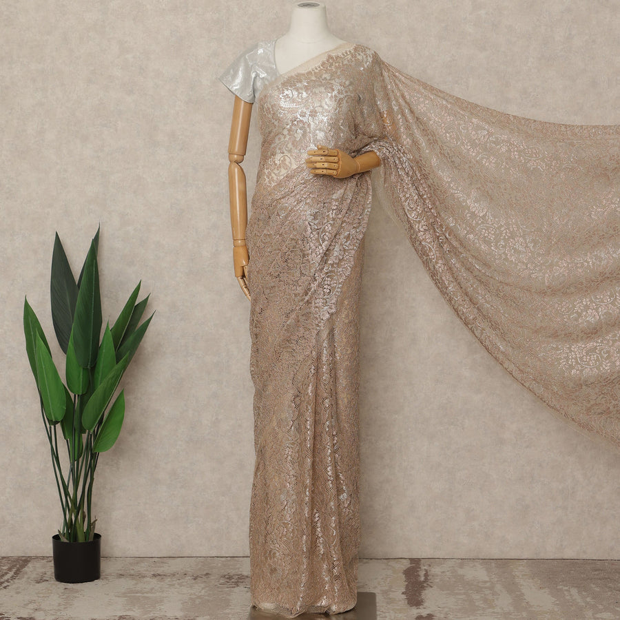 Blush Champagne Premium French Metallic Chantilly Lace Saree, 5.5 Mtrs Length, 110 Cms Width, Made in France-D27140