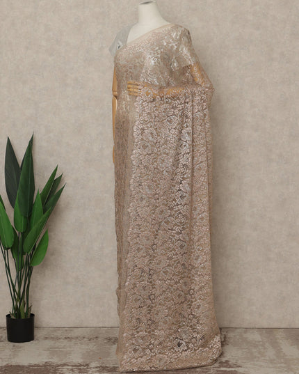 Blush Champagne Premium French Metallic Chantilly Lace Saree, 5.5 Mtrs Length, 110 Cms Width, Made in France-D27140