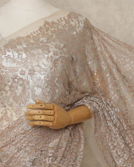 Blush Champagne Premium French Metallic Chantilly Lace Saree, 5.5 Mtrs Length, 110 Cms Width, Made in France-D27140