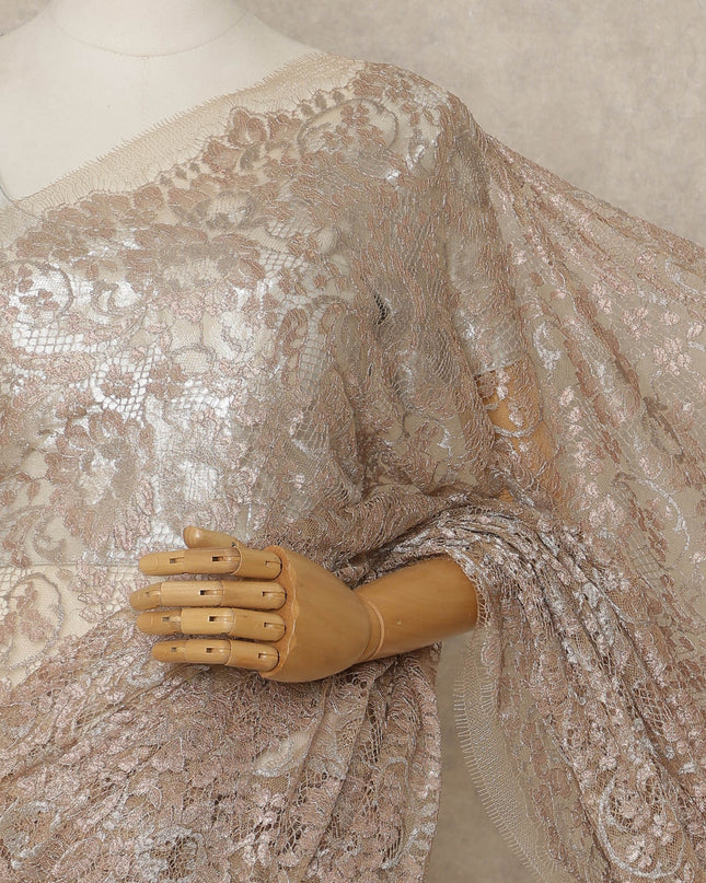 Blush Champagne Premium French Metallic Chantilly Lace Saree, 5.5 Mtrs Length, 110 Cms Width, Made in France-D27140