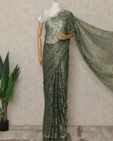 Olive Green Premium French Metallic Chantilly Lace Saree, 5.5 Mtrs Length, 110 Cms Width, Made in France-D27138