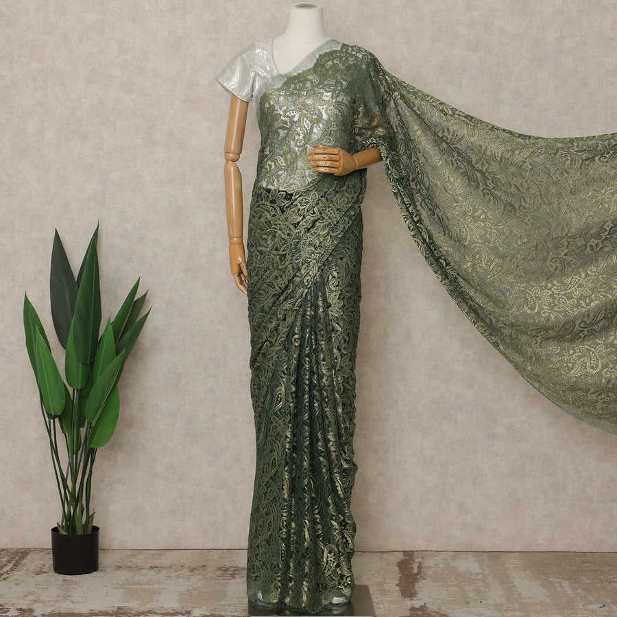 Olive Green Premium French Metallic Chantilly Lace Saree, 5.5 Mtrs Length, 110 Cms Width, Made in France-D27138