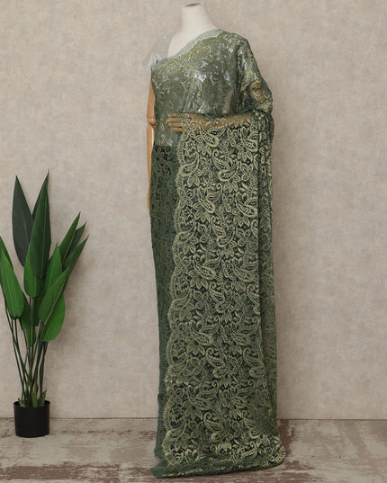 Olive Green Premium French Metallic Chantilly Lace Saree, 5.5 Mtrs Length, 110 Cms Width, Made in France-D27138