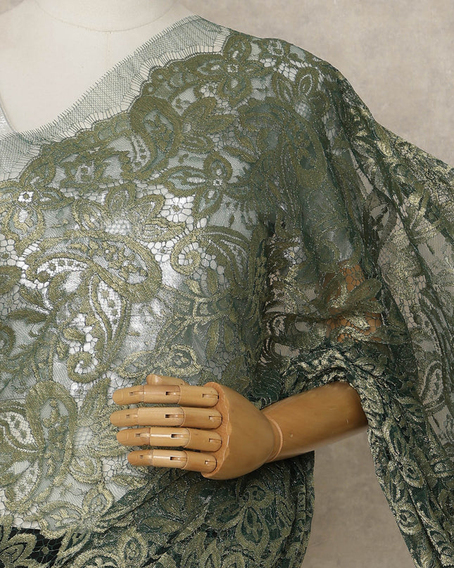 Olive Green Premium French Metallic Chantilly Lace Saree, 5.5 Mtrs Length, 110 Cms Width, Made in France-D27138