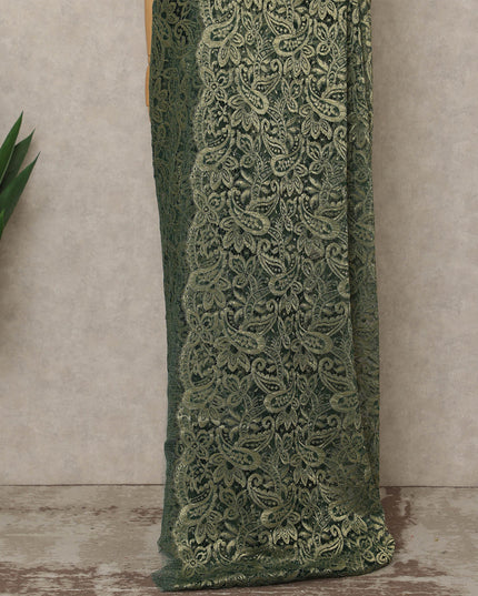 Olive Green Premium French Metallic Chantilly Lace Saree, 5.5 Mtrs Length, 110 Cms Width, Made in France-D27138
