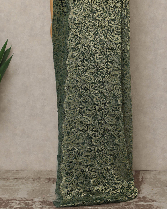 Olive Green Premium French Metallic Chantilly Lace Saree, 5.5 Mtrs Length, 110 Cms Width, Made in France-D27138