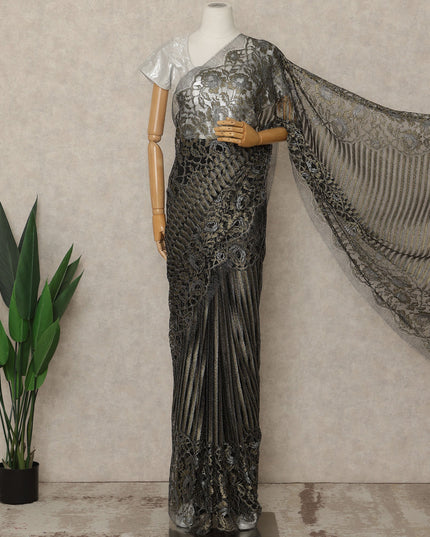 Black Antique Gold Premium French Metallic Chantilly Lace Saree, 5.5 Mtrs Length, 110 Cms Width, Made in France-D27139