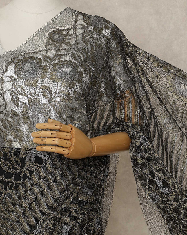 Black Antique Gold Premium French Metallic Chantilly Lace Saree, 5.5 Mtrs Length, 110 Cms Width, Made in France-D27139