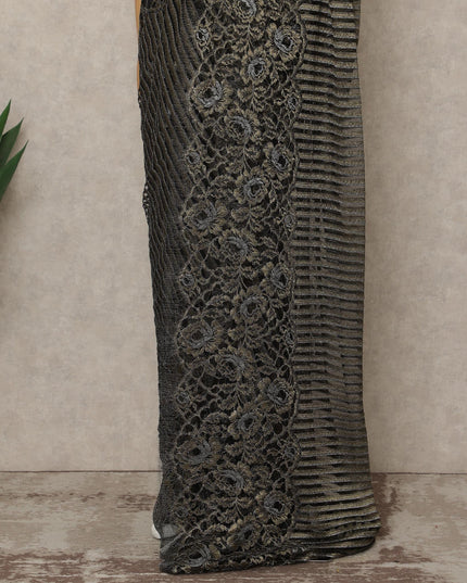 Black Antique Gold Premium French Metallic Chantilly Lace Saree, 5.5 Mtrs Length, 110 Cms Width, Made in France-D27139