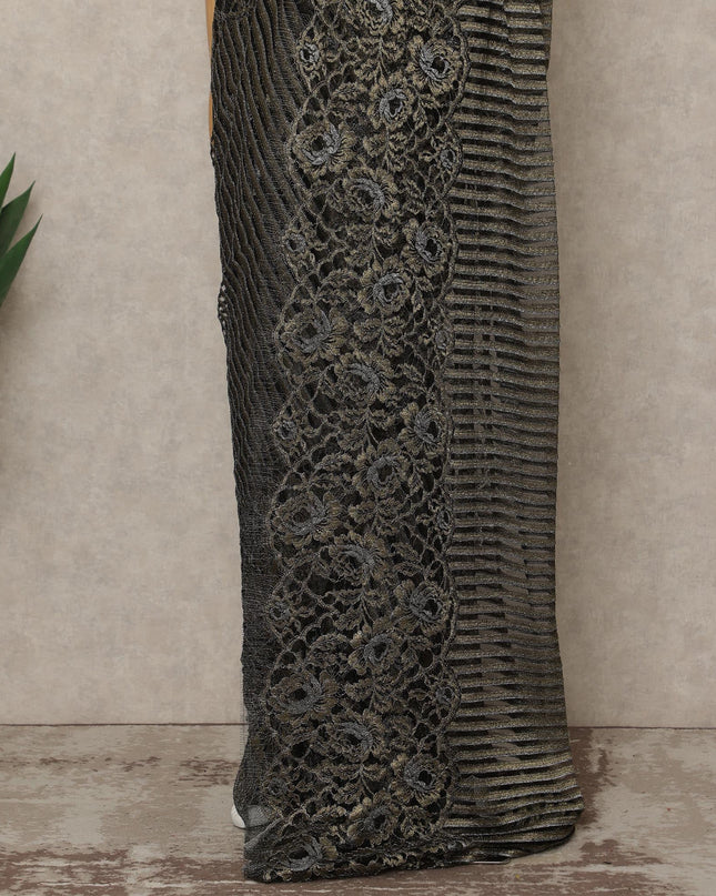 Black Antique Gold Premium French Metallic Chantilly Lace Saree, 5.5 Mtrs Length, 110 Cms Width, Made in France-D27139