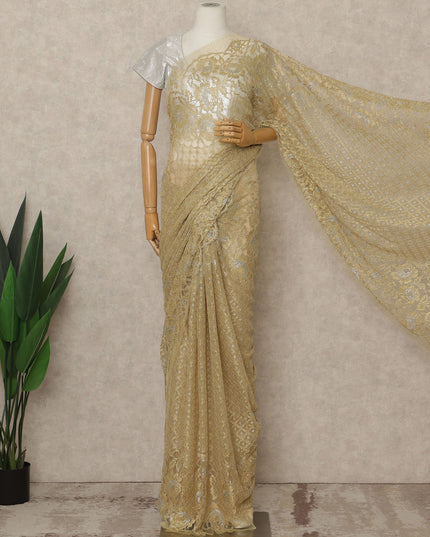 Light Antique Gold Premium French Metallic Chantilly Lace Saree, 5.5 Mtrs Length, 110 Cms Width, Made in France-D27143