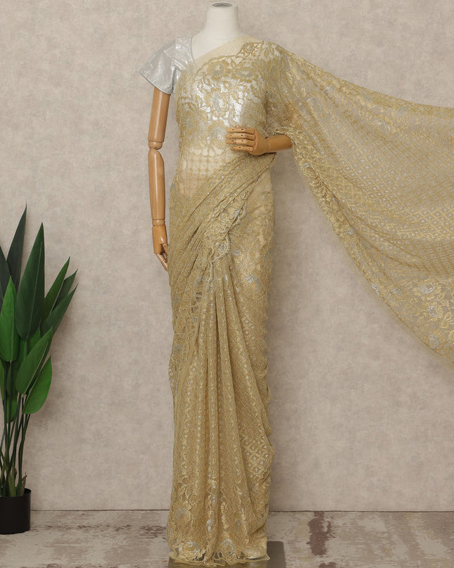 Light Antique Gold Premium French Metallic Chantilly Lace Saree, 5.5 Mtrs Length, 110 Cms Width, Made in France-D27143
