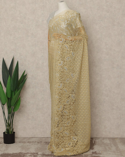 Light Antique Gold Premium French Metallic Chantilly Lace Saree, 5.5 Mtrs Length, 110 Cms Width, Made in France-D27143