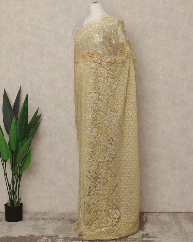 Light Antique Gold Premium French Metallic Chantilly Lace Saree, 5.5 Mtrs Length, 110 Cms Width, Made in France-D27143