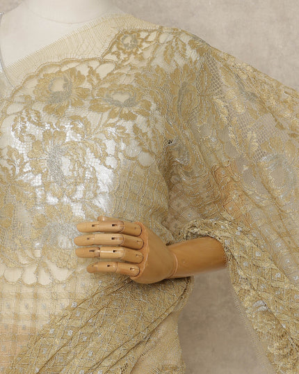 Light Antique Gold Premium French Metallic Chantilly Lace Saree, 5.5 Mtrs Length, 110 Cms Width, Made in France-D27143
